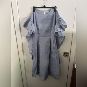 English Factory Blue and White Striped Ruffle Sleeve Dress